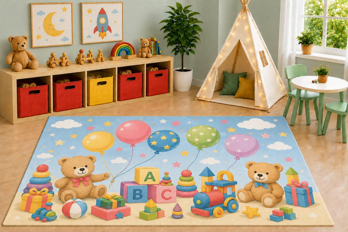 ICE ARMOR 5' x 7' Teddy Bear Balloons Area Rug, Cute Educational Blocks Train Kids Playroom Nursery Bedroom Rug, Non-Slip Silicone Backing Low Pile