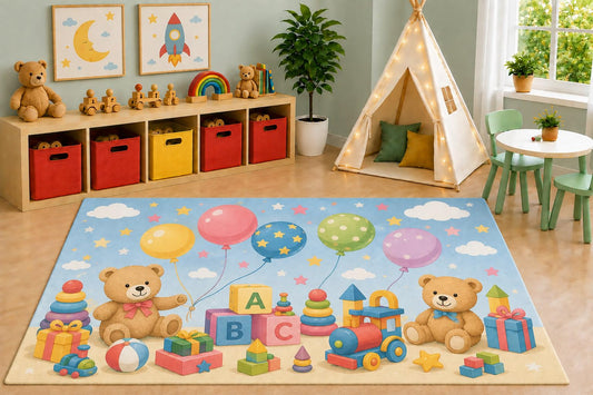 ICE ARMOR 5' x 7' Teddy Bear Balloons Area Rug, Cute Educational Blocks Train Kids Playroom Nursery Bedroom Rug, Non-Slip Silicone Backing Low Pile