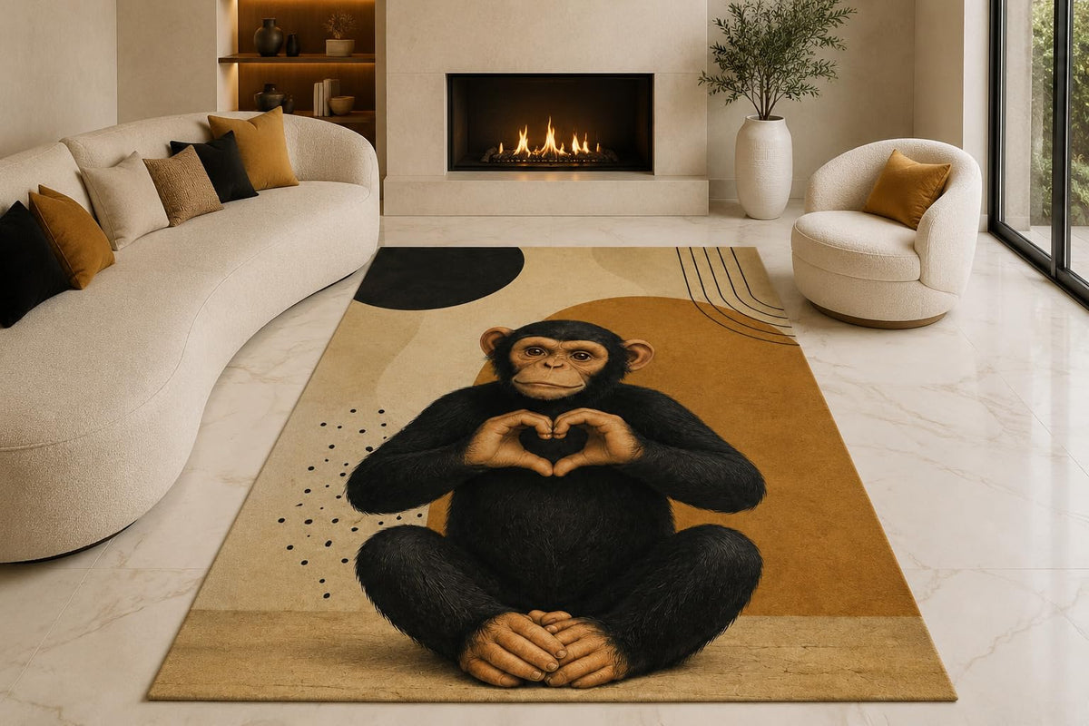 ICE ARMOR "Ultra Lightweight Large 6'7" x 9'10" Chimpanzee Heart Area Rug for Living Room, Bedroom and Home Office, Soft Low Pile Carpet with Non-Slip Silicone Backing, Black and Beige