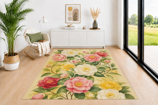 ICE ARMOR 5' x 7' Vintage Peony Floral Area Rug for Living Room, Soft Low Pile Indoor Rug with Non-Slip Backing, Botanical Carpet for Bedroom, Dining Room, Office, Pink Cream