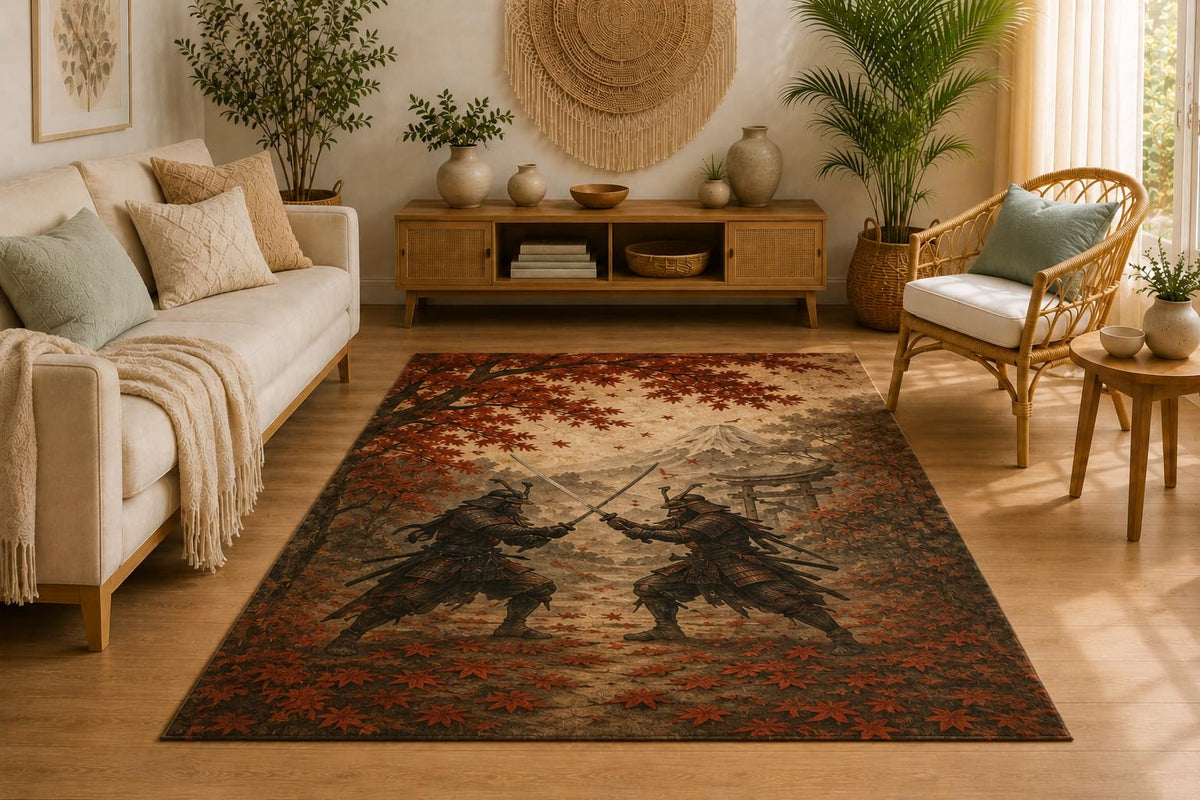 ICE ARMOR 5' x 7' Samurai Duel Area Rug, Japanese Autumn Warrior Artwork, Soft Low Pile Rug with Non-Slip Silicone Backing for Living Room, Bedroom, Office