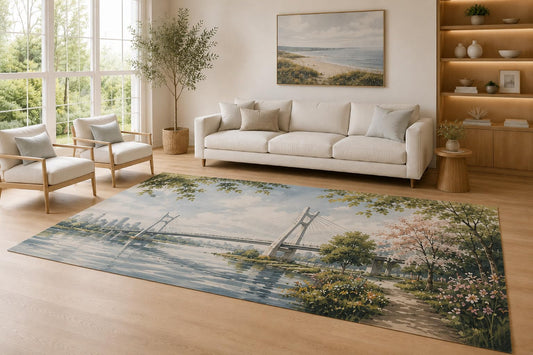 ICE ARMOR Large 6'7" x 9'10" Blue and Green City Bridge Area Rug for Living Room, Soft Low Pile Carpet with Non-Slip Silicone Backing, Decor for Bedroom and Home Office