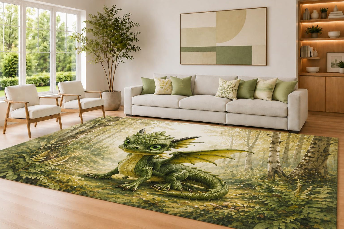 ICE ARMOR Large 6'7" x 9'10" Green and Yellow Baby Dragon Area Rug for Living Room, Soft Low Pile Carpet with Non-Slip Silicone Backing, Decor for Bedroom and Home Office