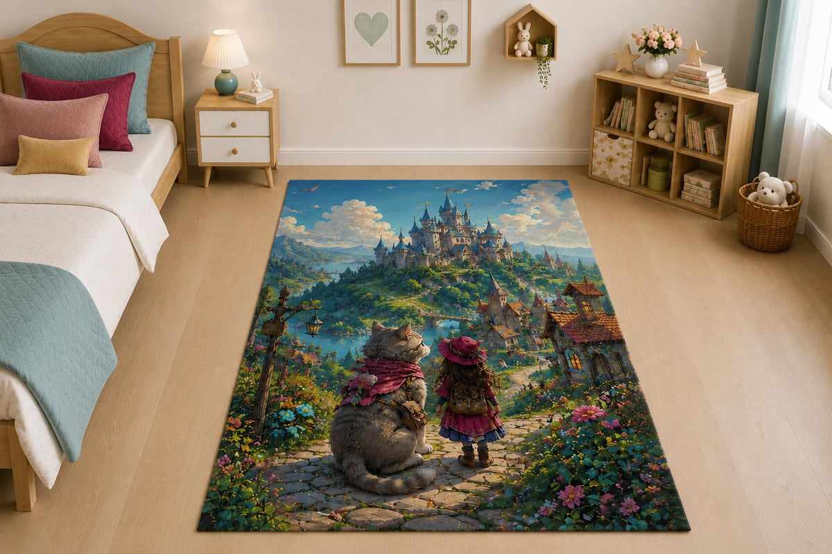 ICE ARMOR "Ultra Thin 5' x 7" Cat Girl Castle Journey Area Rug for Living Room, Bedroom and Home Office, Soft Low Pile Carpet with Non-Slip Silicone Backing, Teal and Pink