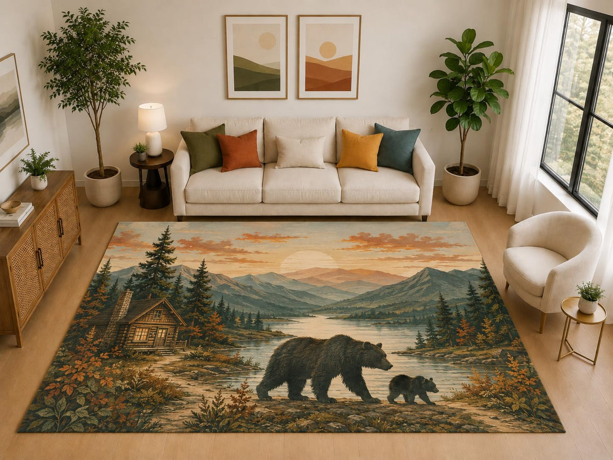 ICE ARMOR "Ultra Light Weight Large 6'7" x 9'10" Bear Cub Mountain Lake Rug, Soft Low Pile Indoor Rug, Non-Slip Silicone Backing for Bedroom Brown