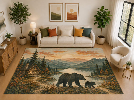 ICE ARMOR "Ultra Light Weight Large 6'7" x 9'10" Bear Cub Mountain Lake Rug, Soft Low Pile Indoor Rug, Non-Slip Silicone Backing for Bedroom Brown