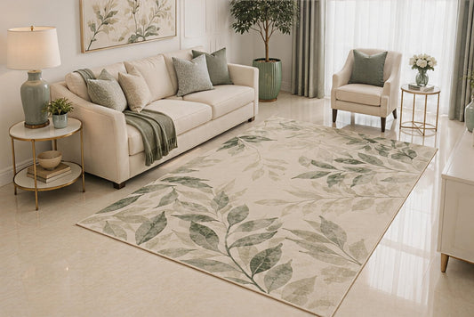 ICE ARMOR 5' x 7' Botanical Leaves Area Rug, Soft Sage Green Watercolor Floral Design for Living Room Bedroom Nursery, Non-Slip Silicone Backing, Low Pile Carpet