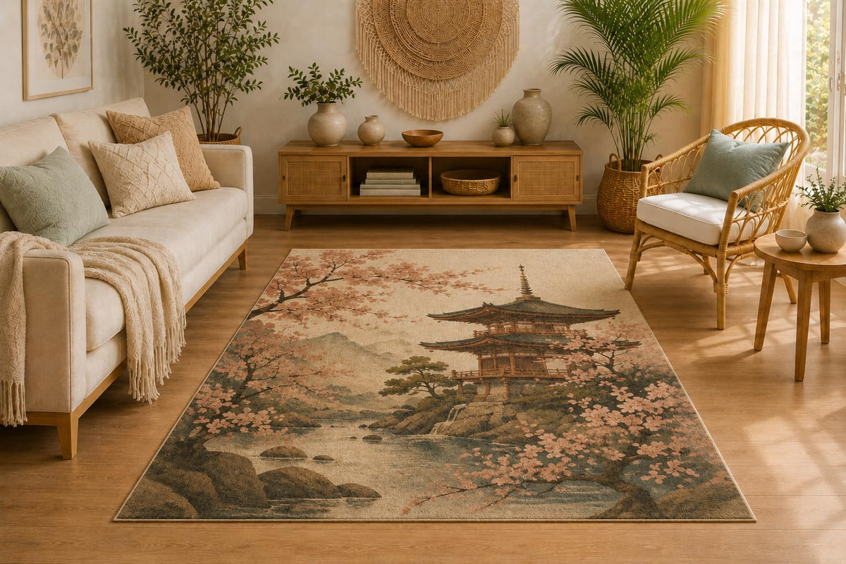 ICE ARMOR 5' x 7' Japanese Cherry Blossom Pagoda Area Rug, Soft Low Pile Indoor Rug with Non-Slip Silicone Backing, Decorative Carpet for Living Room, Bedroom, Office