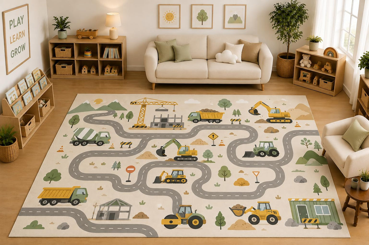 ICE ARMOR Large 6'7" x 9'10" Construction Trucks Road Play Area Rug for for Kids Room, Classroom, Bedroom, Playroom Decor, Soft Low Pile Indoor Rug with Non-Slip Silicone Backing, Beige Gray