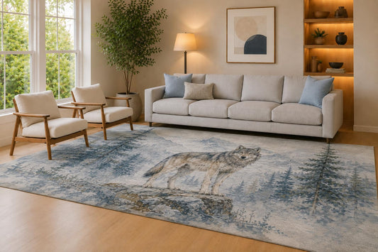 ICE ARMOR Large 6'7" x 9'10" Blue and Gray Winter Wolf Area Rug for Living Room, Soft Low Pile Carpet with Non-Slip Silicone Backing, Decor for Bedroom Dining Room and Home Office