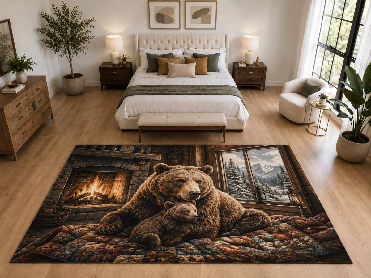ICE ARMOR "Ultra Light Weight Large 6'7" x 9'10" Bear Family Fireplace Rug, Soft Low Pile Indoor Rug, Non-Slip Silicone Backing for Family Room Brown
