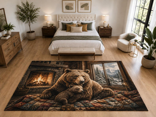 ICE ARMOR "Ultra Light Weight Large 6'7" x 9'10" Bear Family Fireplace Rug, Soft Low Pile Indoor Rug, Non-Slip Silicone Backing for Family Room Brown