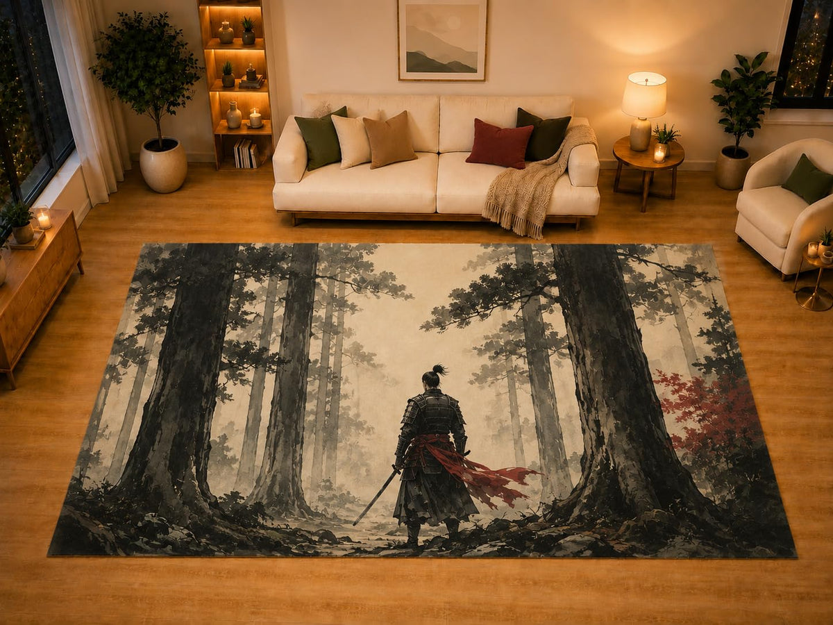 ICE ARMOR "Ultra Light Weight Large 6'7" x 9'10" Misty Forest Swordsman Area Rug for Living Room Bedroom Dining Area, Soft Low Pile Non-Slip Backing, Beige Black Red Eastern Decor