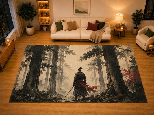 ICE ARMOR "Ultra Light Weight Large 6'7" x 9'10" Misty Forest Swordsman Area Rug for Living Room Bedroom Dining Area, Soft Low Pile Non-Slip Backing, Beige Black Red Eastern Decor