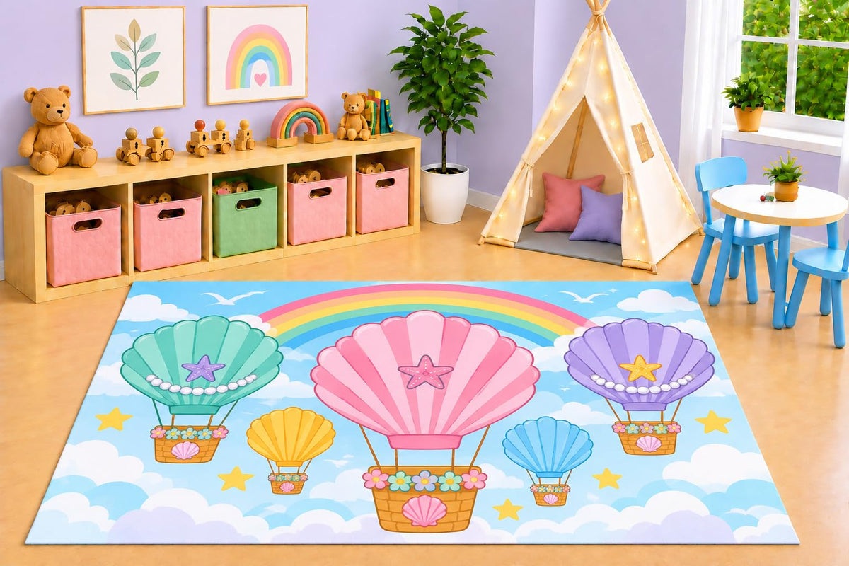 ICE ARMOR 5' x 7' Seashell Hot Air Balloon Area Rug, Pastel Rainbow Coastal Sky Clouds Beach Nursery Kids Playroom Bedroom Decor, Non-Slip Silicone Backing Low Pile