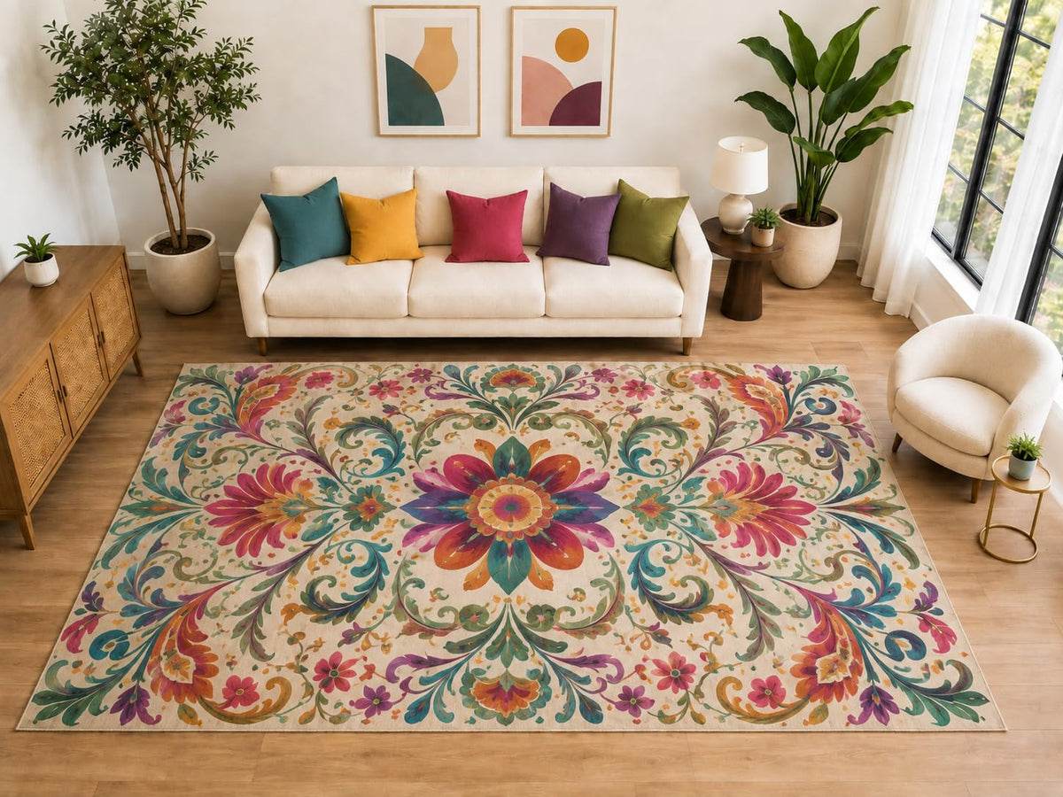 ICE ARMOR "Ultra Light Weight Large 6'7" x 9'10" Boho Floral Medallion Rug, Soft Low Pile Indoor Rug, Non-Slip Silicone Backing for Living Room Beige