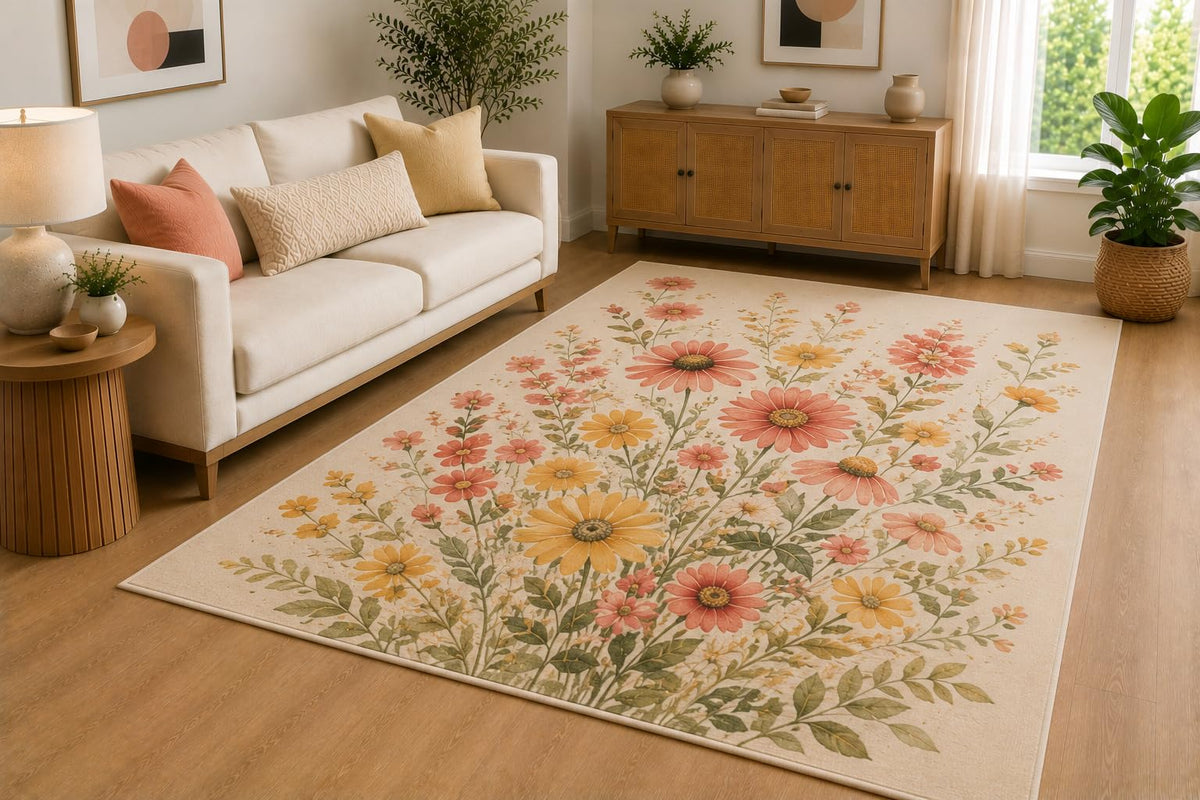 ICE ARMOR 5' x 7' Wildflower Bouquet Area Rug for Living Room, Soft Low Pile Indoor Rug with Non-Slip Silicone Backing, Bedroom, Dining Room, Nursery, Yellow Coral Ivory