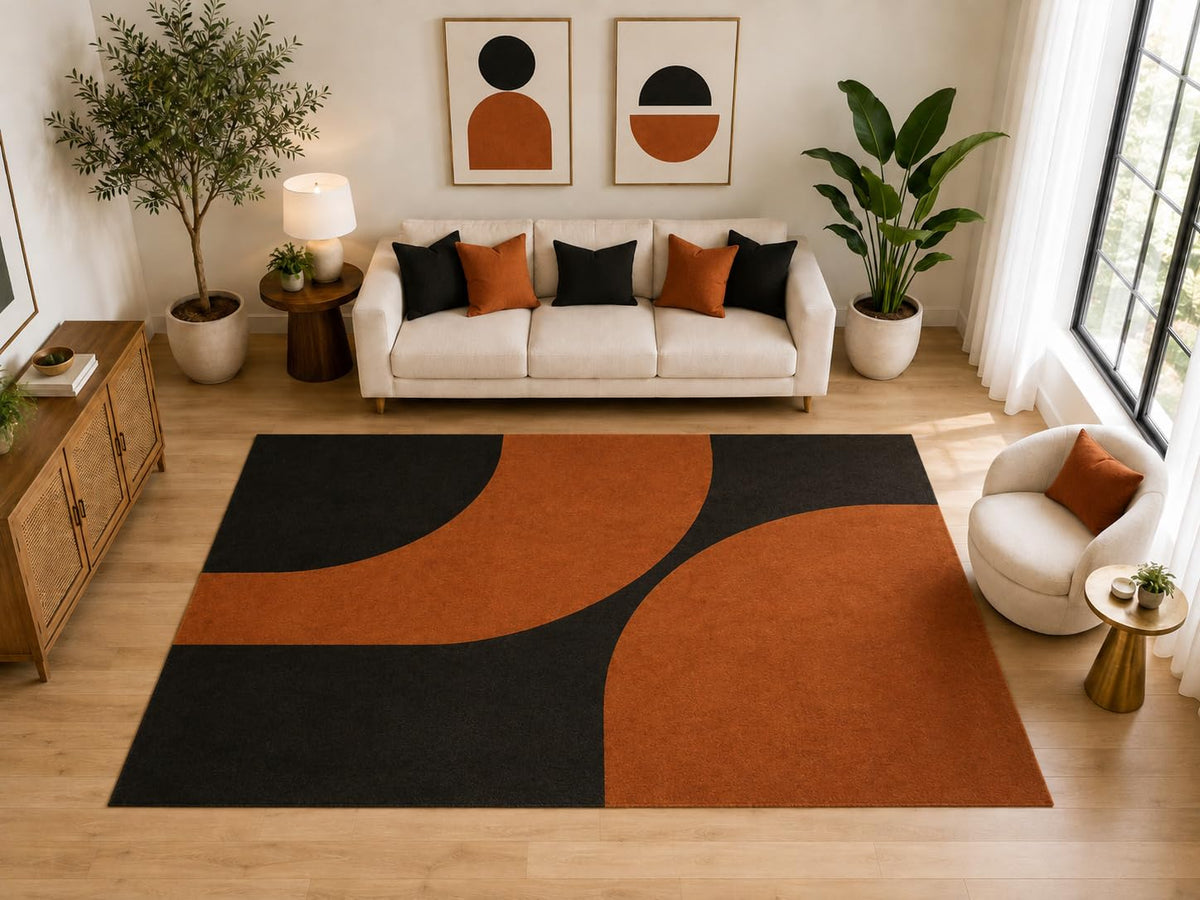ICE ARMOR Large 6'7" x 9'10" Retro Abstract Curved Block Area Rug for for Bedroom, Living Room, Soft Low Pile Indoor Rug with Non-Slip Silicone Backing, Burnt Orange Black