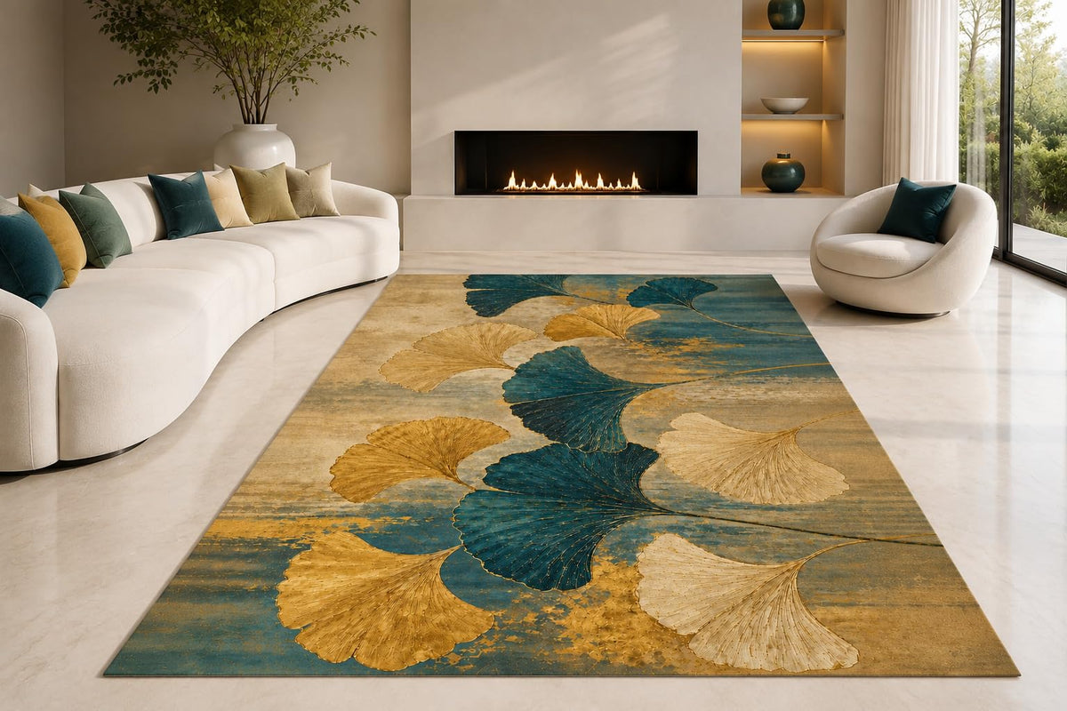 ICE ARMOR "Ultra Lightweight Large 6'7" x 9'10" Ginkgo Layers Area Rug for Living Room, Bedroom and Home Office, Soft Low Pile Carpet with Non-Slip Silicone Backing, Teal and Golden Color