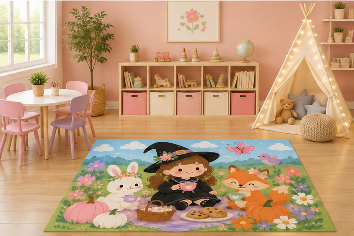 ICE ARMOR 5' x 7' Little Witch Tea Party Kids Area Rug, Cute Fox Bunny Pumpkin Cartoon Autumn Playroom Nursery Bedroom Classroom Decor, Non-Slip Silicone Backing Low Pile