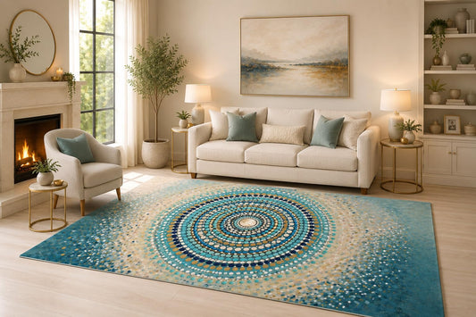 ICE ARMOR 6'7" x 9'10" Turquoise Dot Mandala Area Rug for Living Room, Soft Low Pile Carpet with Non-Slip Silicone Backing, for Bedroom, Dining Area and Office, Turquoise, Contemporary Home Decor