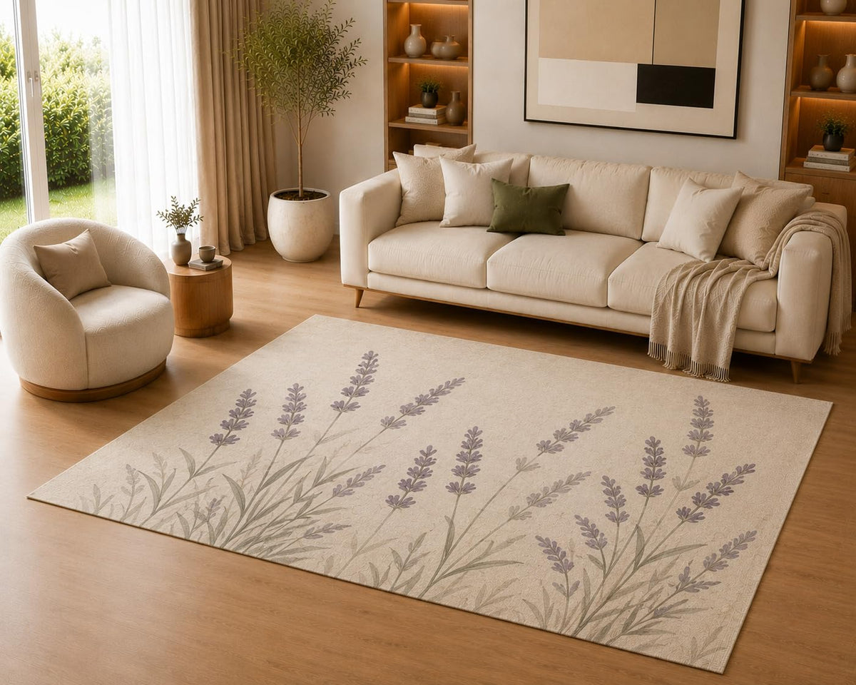 ICE ARMOR 5' x 7' Lavender Botanical Area Rug Soft Low Pile Indoor Rug with Non-Slip Silicone Backing Farmhouse Floral Carpet for Living Room Bedroom Dining Room Office Family Room Beige Purple