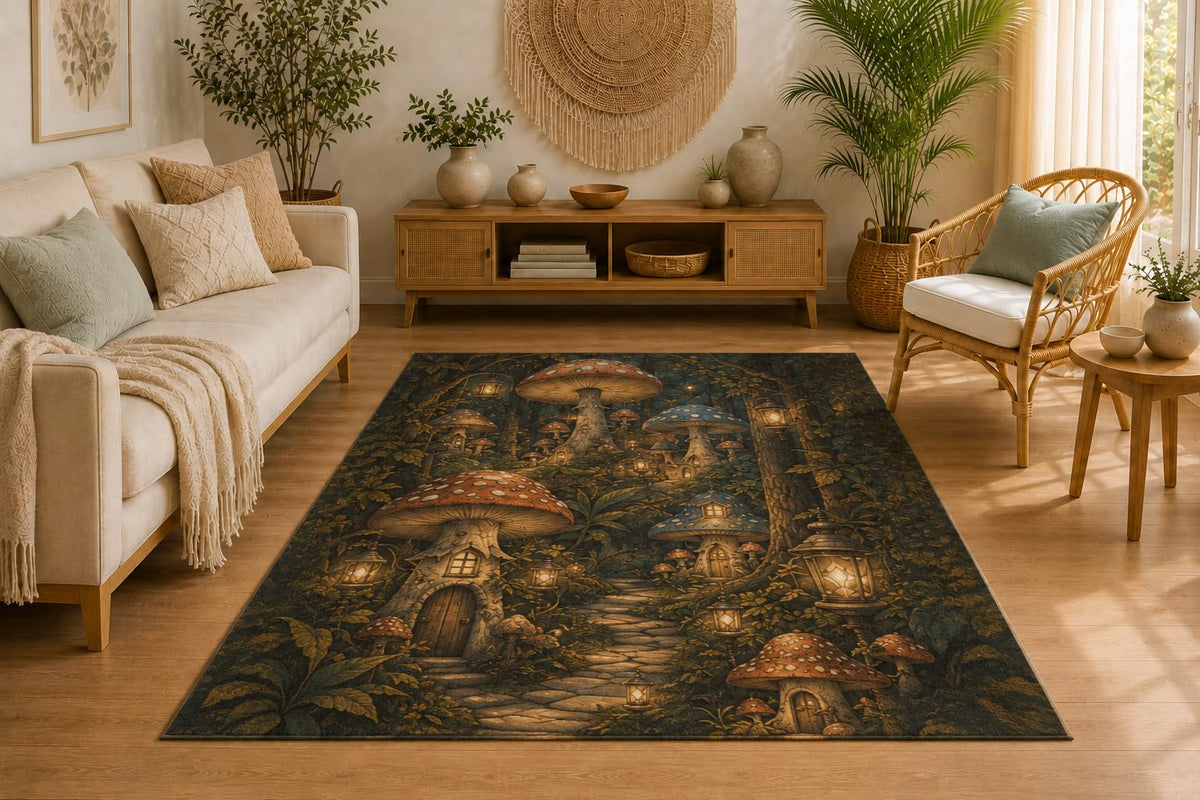 ICE ARMOR 5' x 7' Enchanted Mushroom Village Area Rug, Soft Low Pile Indoor Rug with Non-Slip Silicone Backing, Decorative Carpet for Living Room, Bedroom, Dining Room, Office, Fantasy Forest Decor