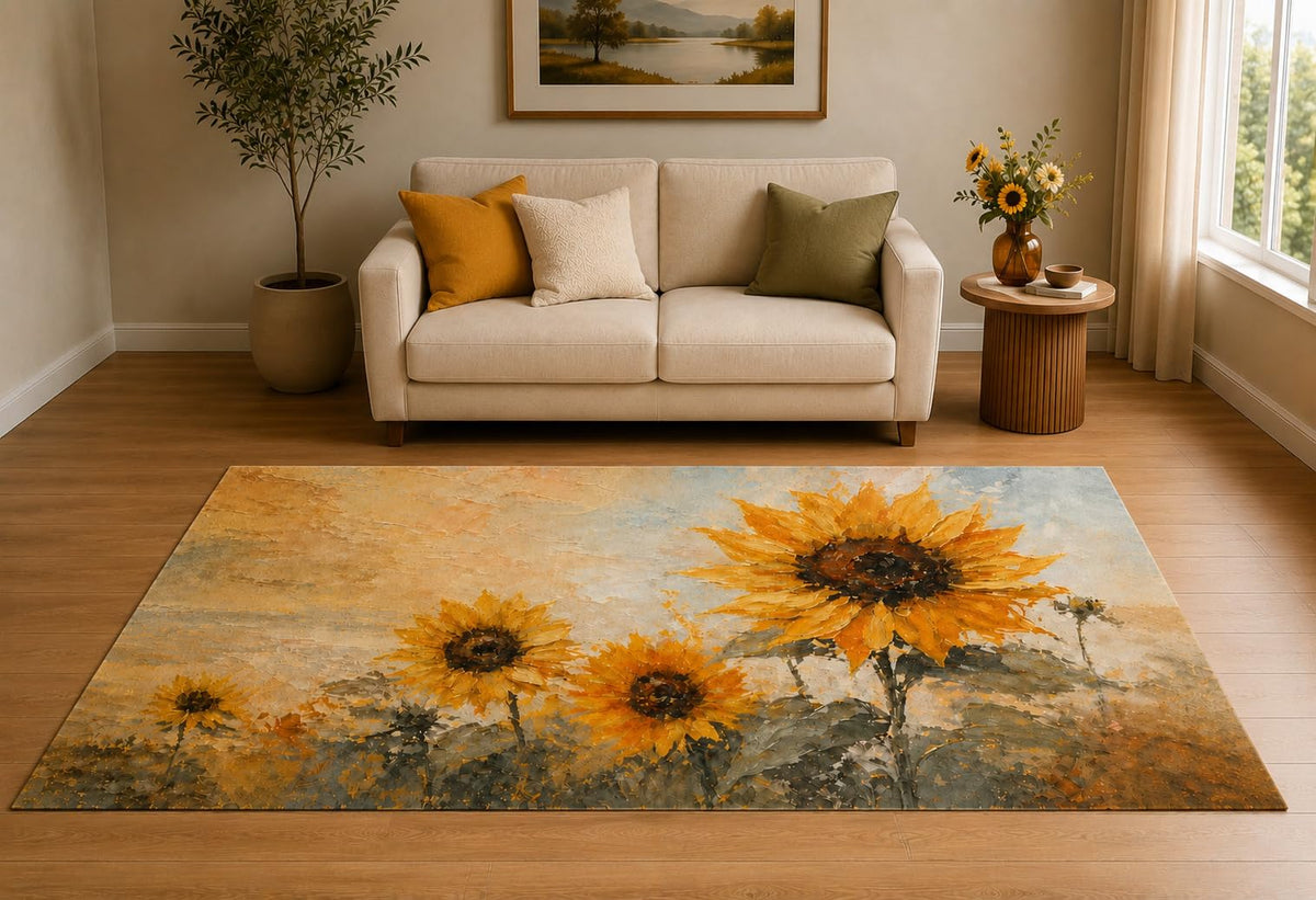 ICE ARMOR "Ultra Light Weight 5' x 7' Sunflower Meadow Area Rug for Living Room, Bedroom and Home Office, Soft Low Pile Carpet with Non-Slip Silicone Backing, Yellow and Gray