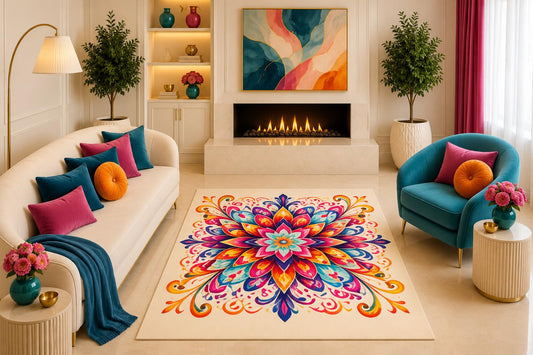 ICE ARMOR "Ultra Light Weight 5' x 7' Colorful Bohemian Floral Mandala Area Rug Vibrant Pink Teal Orange Living Room Bedroom Decor Non-Slip Silicone Backing Low Pile