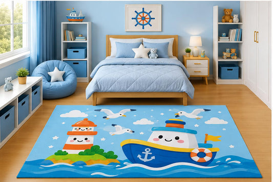 ICE ARMOR 5' x 7' Cute Lighthouse and Smiling Tugboat Area Rug for Boys Bedroom Nursery Playroom Scandinavian Minimalist Nautical Coastal Decor Non-Slip Silicone Backing Low Pile
