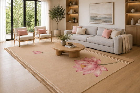 ICE ARMOR Large 6'7" x 9'10" Tan and Pink Minimal Lotus Blossom Area Rug for Living Room, Soft Low Pile Carpet with Non-Slip Silicone Backing, Decor for Bedroom and Home Office