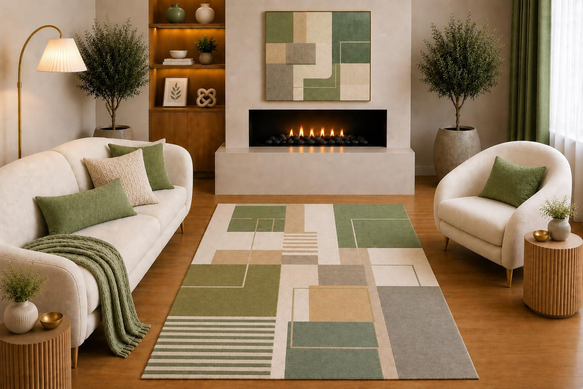 ICE ARMOR "Ultra Light Weight 5' x 7' Modern Geometric Area Rug Sage Green Beige Gray Abstract Block Stripe Design for Living Room Bedroom Dining Room Office Non-Slip Silicone Backing Low Pile