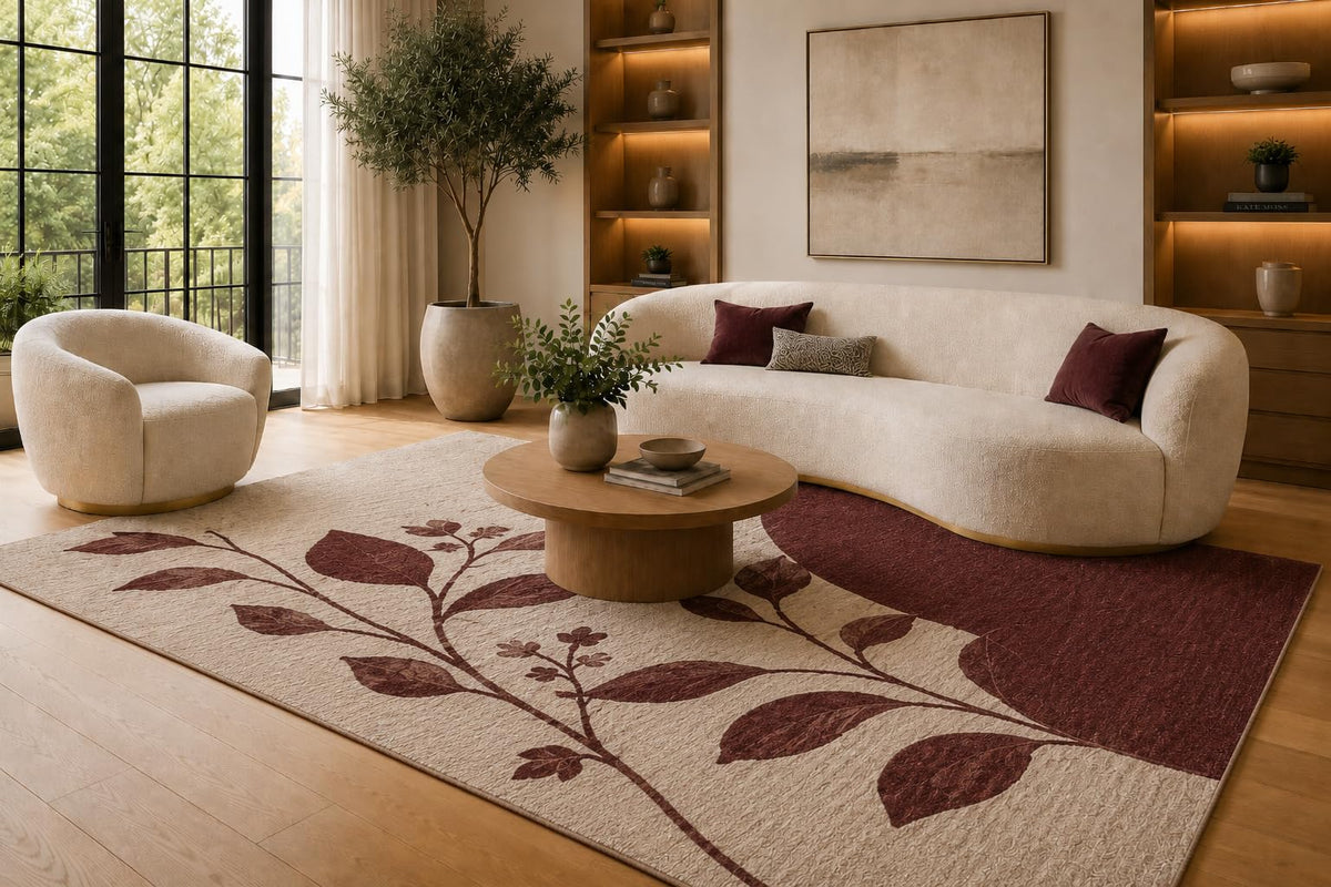 ICE ARMOR 6'7" x 9'10" Burgundy and Cream Leafy Branch Circle Area Rug for Living Room, Soft Low Pile Carpet with Non-Slip Silicone Backing, Floor Decor for Bedroom, Dining Area and Home Office