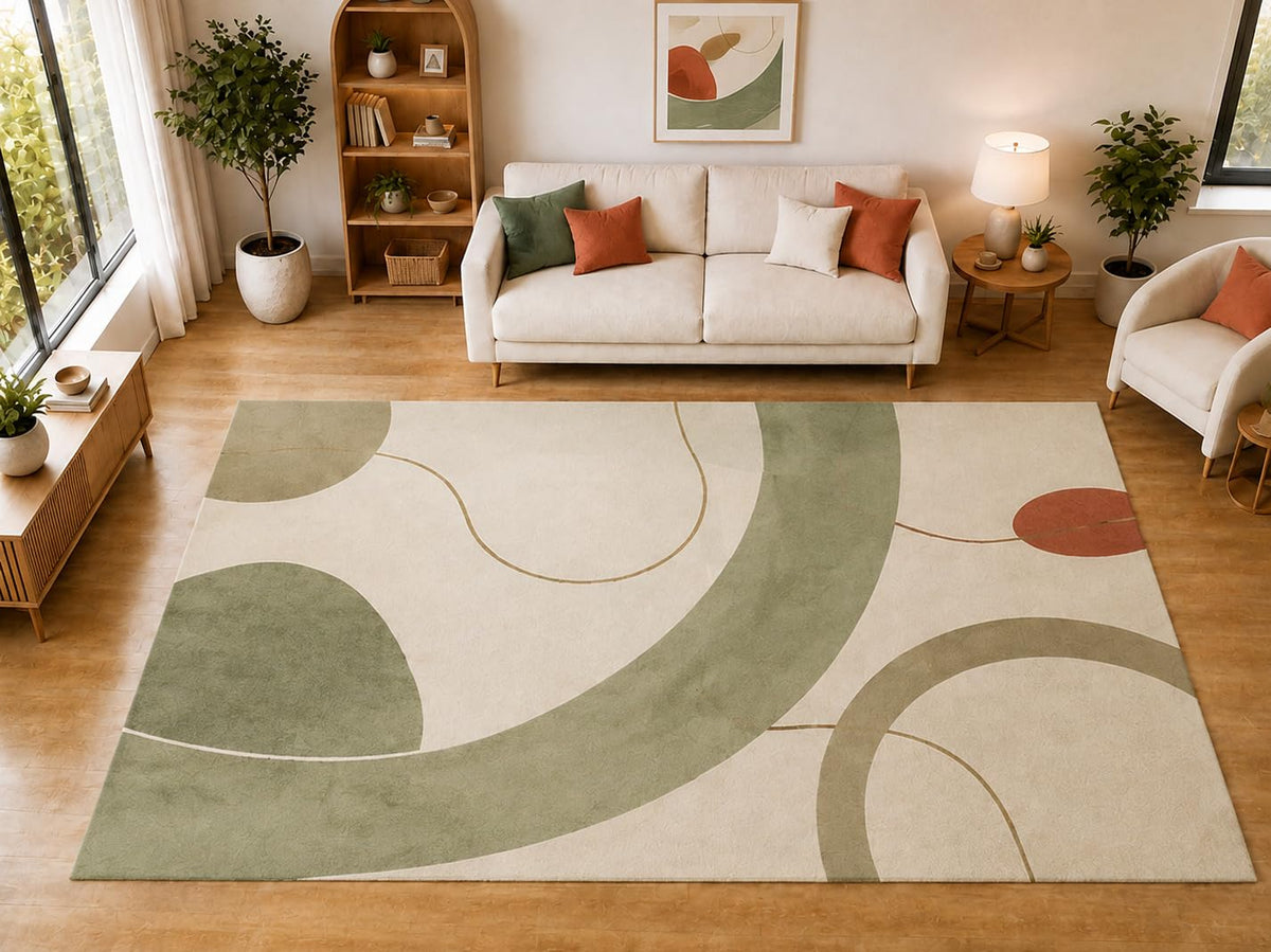 ICE ARMOR "Ultra Light Weight Large 6'7 x 9'10 Sage Circular Curve Pattern Area Rug for Living Room Bedroom Dining Room Soft Low Pile Indoor Carpet Modern Geometric Floor Decor