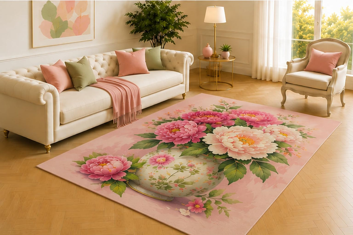 ICE ARMOR 5' x 7' Pink Peony Vase Rug, Blush and Ivory Blossoms with Green Leaves, Elegant Romantic Decor for Bedroom, Living Room, Dressing Area or Guest Suite