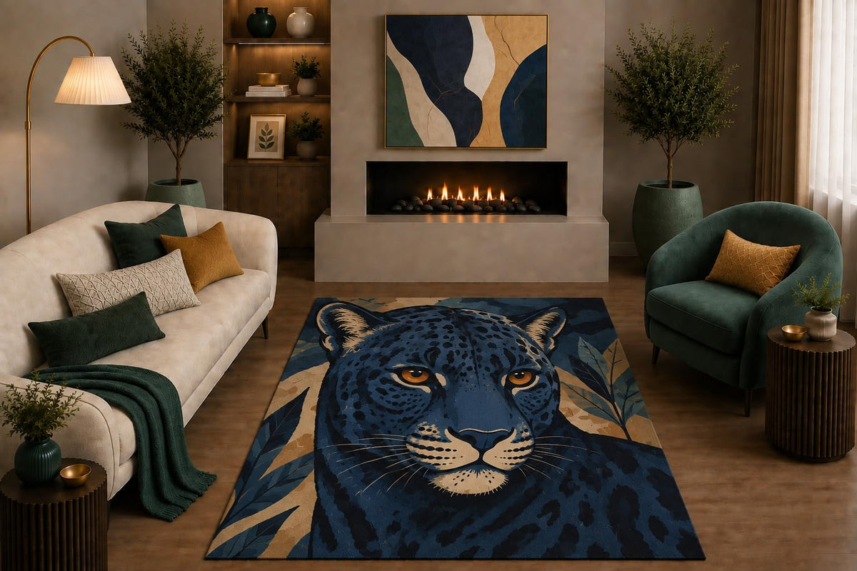 ICE ARMOR "Ultra Light Weight 5' x 7' Navy Blue Black Leopard Area Rug Botanical Boho Big Cat Wildlife Decor for Living Room Bedroom Non-Slip Silicone Backing Low Pile