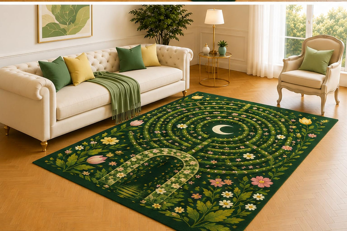 ICE ARMOR 5' x 7' Moonlit Floral Labyrinth Rug, Crescent Center, Winding Garden Path and Tiny Blossoms on Deep Green, Magical Decor for Lounge, Bedroom or Reading Nook