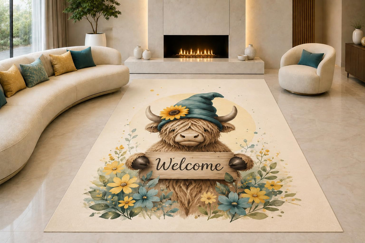 ICE ARMOR "Ultra Lightweight Large 6'7" x 9'10" Highland Cow Welcome Area Rug for Living Room, Bedroom and Home Office, Soft Low Pile Carpet with Non-Slip Silicone Backing, Cream and Blue