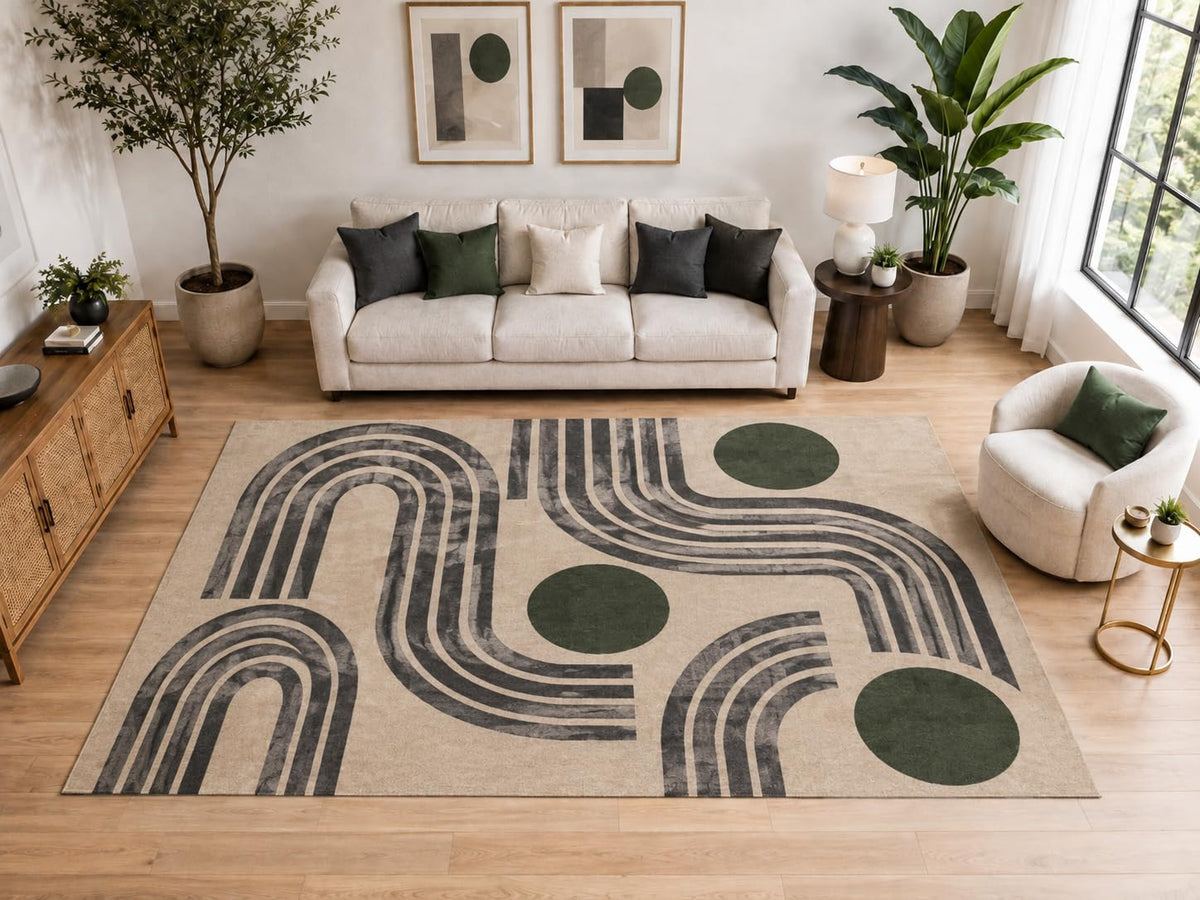 ICE ARMOR Large 6'7" x 9'10" Retro Rainbow Track Area Rug for for Bedroom, Living Room, Soft Low Pile Indoor Rug with Non-Slip Silicone Backing, Beige Charcoal Green