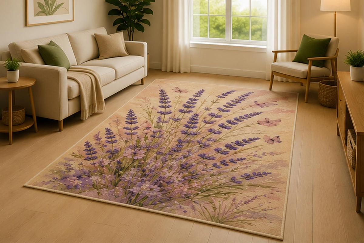 ICE ARMOR 5' x 7' Lavender Butterfly Garden Area Rug for Living Room, Soft Low Pile Indoor Rug with Non-Slip Silicone Backing, Bedroom, Nursery, Kids & Pets, Purple Pink