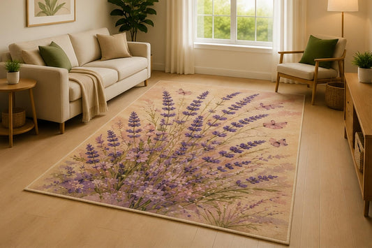ICE ARMOR 5' x 7' Lavender Butterfly Garden Area Rug for Living Room, Soft Low Pile Indoor Rug with Non-Slip Silicone Backing, Bedroom, Nursery, Kids & Pets, Purple Pink