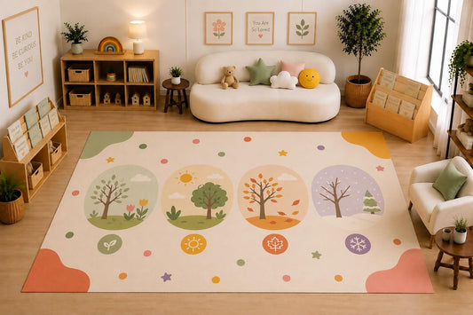 ICE ARMOR Large 6'7" x 9'10" Four Seasons Learning Area Rug for Kids Room, Classroom, Bedroom, Playroom Decor, Soft Low Pile Indoor Rug with Non-Slip Silicone Backing, Cream Multicolor