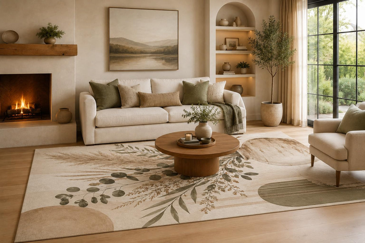 ICE ARMOR 6'7" x 9'10" Beige and Sage Botanical Area Rug with Eucalyptus Branches and Organic Shapes, Soft Low Pile Non-Slip Indoor Carpet for Living Room, Bedroom, Dining Room