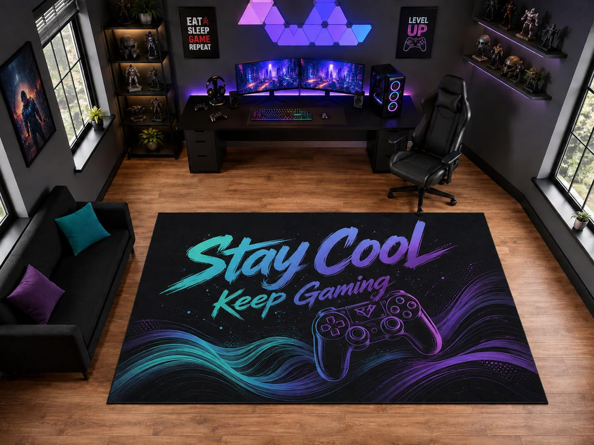 ICE ARMOR "Ultra Light Weight Large 6'7" x 9'10" Stay Cool Keep Gaming Controller Area Rug for Playroom Decor, Soft Low Pile Indoor Rug with Non-Slip Silicone Backing, Black Purple Teal