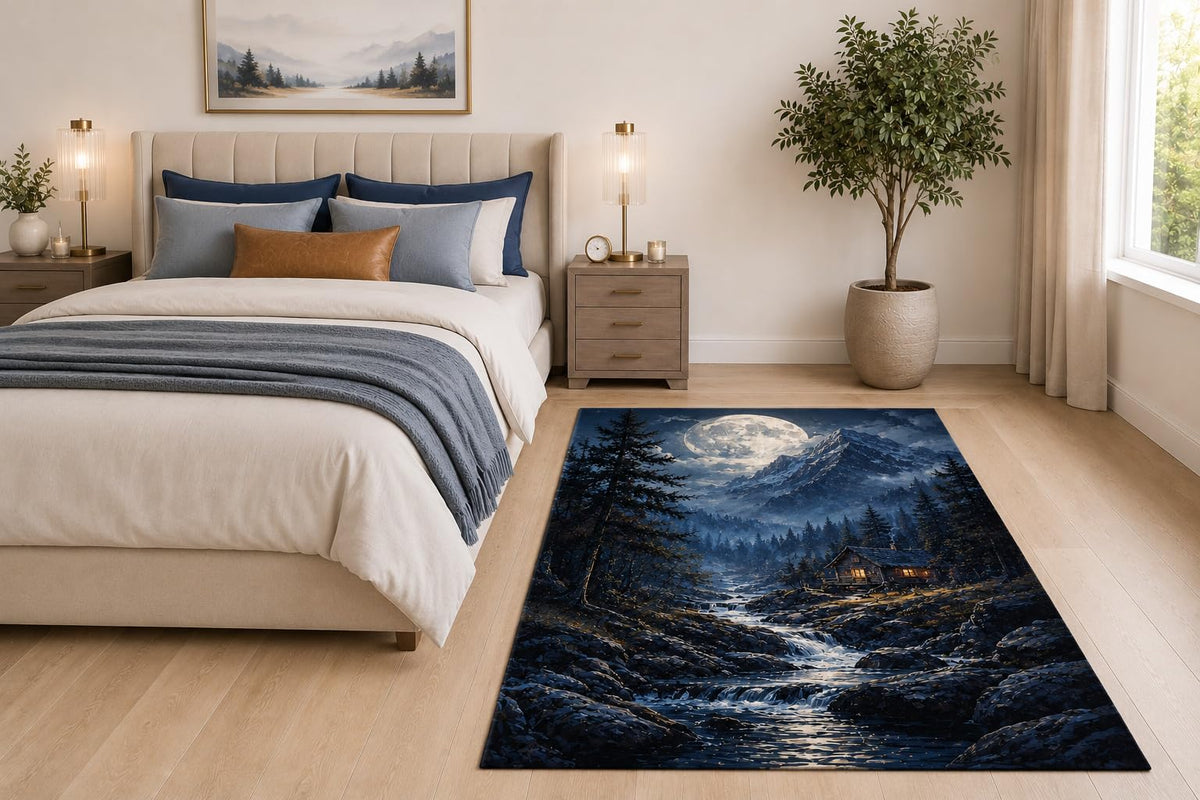 ICE ARMOR "Ultra Light Weight 5' x 7' Moonlit Mountain Cabin Area Rug for Living Room, Bedroom and Home Office, Soft Low Pile Carpet with Non-Slip Silicone Backing, Blue and Black