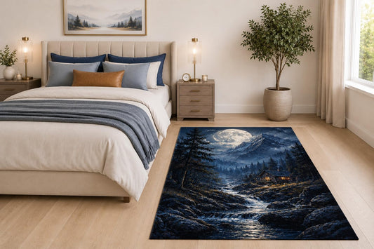 ICE ARMOR "Ultra Light Weight 5' x 7' Moonlit Mountain Cabin Area Rug for Living Room, Bedroom and Home Office, Soft Low Pile Carpet with Non-Slip Silicone Backing, Blue and Black