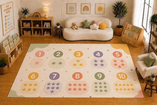 ICE ARMOR Large 6'7" x 9'10" Numbers and Stars Counting Area Rug for for Kids Room, Classroom, Bedroom, Playroom Decor, Soft Low Pile Indoor Rug with Non-Slip Silicone Backing, Pastel Multicolor