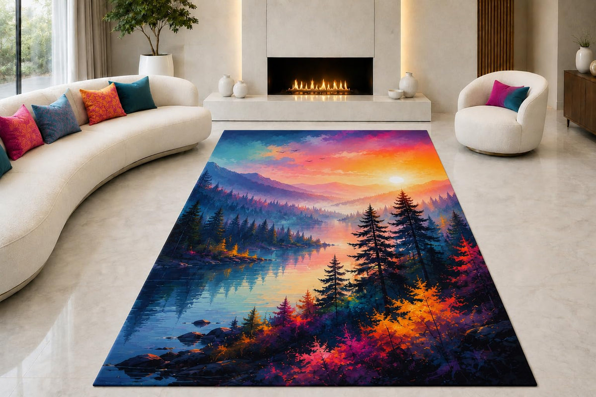 ICE ARMOR "Ultra Lightweight Large 6'7" x 9'10" Colorful Lake Sunset Area Rug for Living Room, Bedroom and Home Office, Soft Low Pile Carpet with Non-Slip Silicone Backing, Blue and Orange