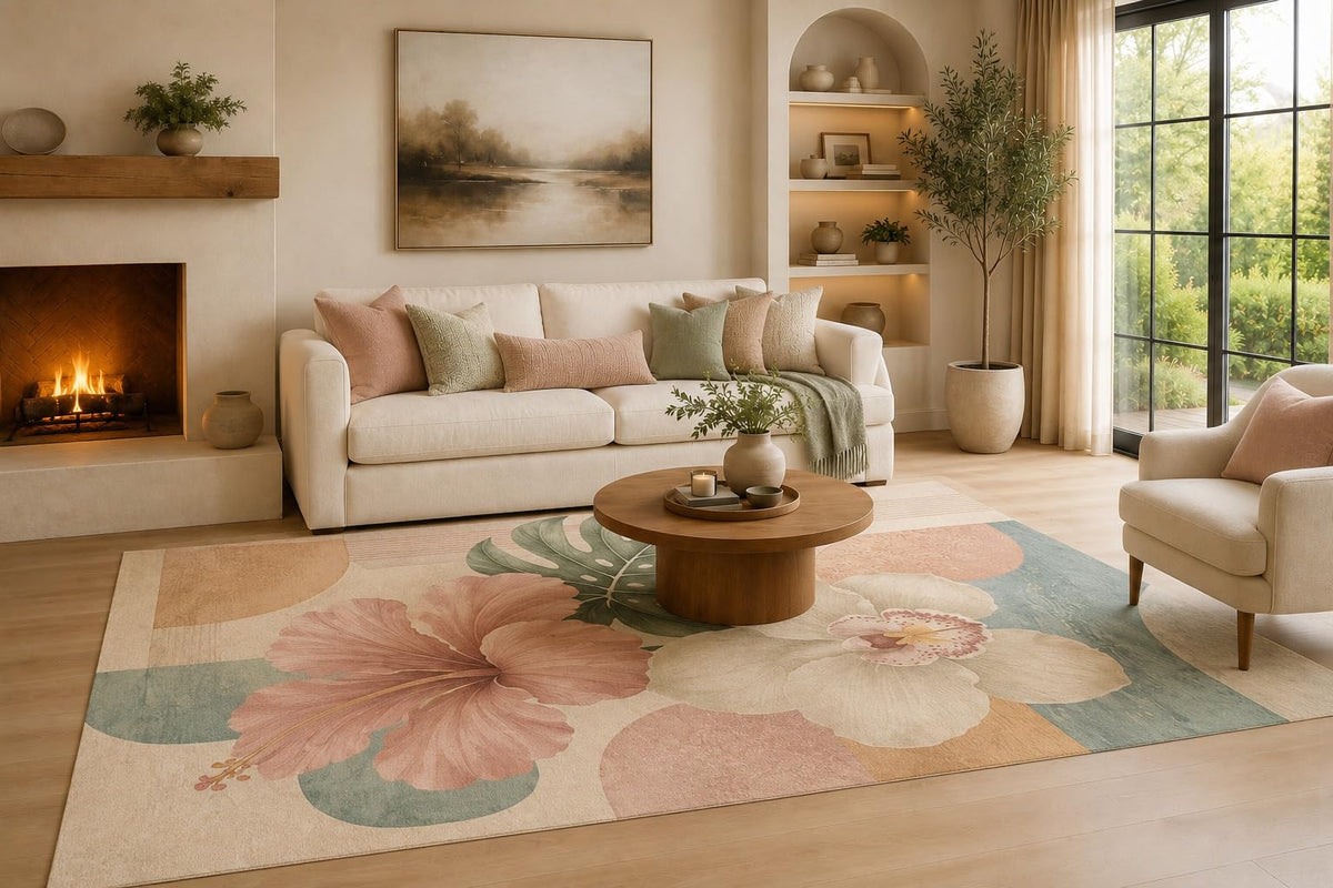 ICE ARMOR Large 6'7" x 9'10" Blush and Sage Green Tropical Petal Blocks Area Rug for Living Room, Soft Low Pile Carpet with Non-Slip Silicone Backing, Decor for Bedroom and Home Office