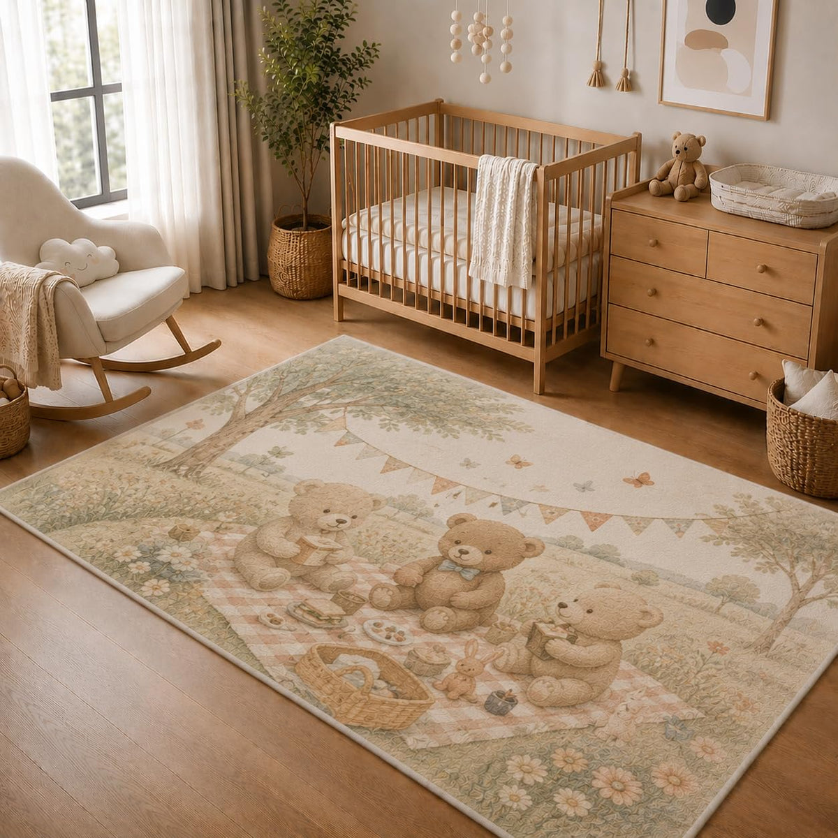 ICE ARMOR 5' x 7' Teddy Bear Picnic Area Rug, Soft Low Pile Indoor Rug with Non-Slip Silicone Backing, Cute Nursery Carpet for Kids Room, Playroom, Bedroom, Kids and Pets, Beige Green